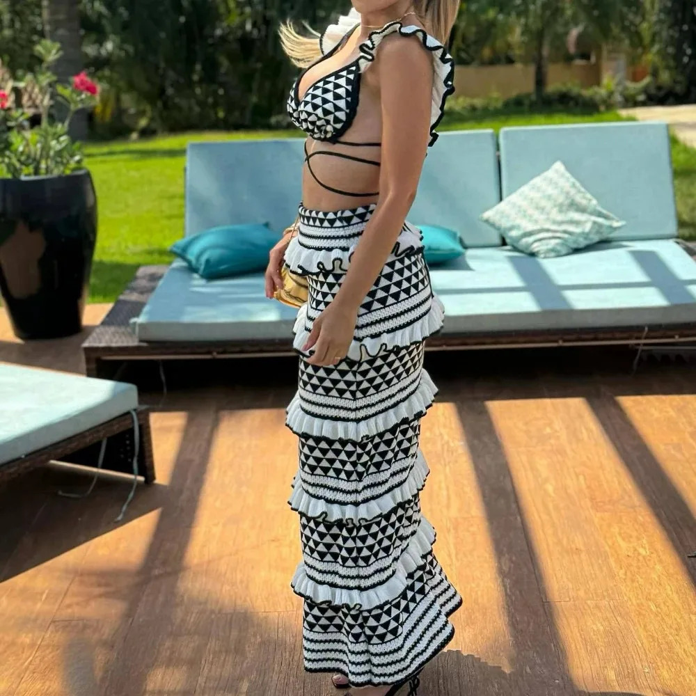Ladies Striped Knitted Beach Skirt Sets Women Sexy Backless Slim Bohemian Outfits Ruffle Holiday Vacation 2 Piece Set Female 250320
