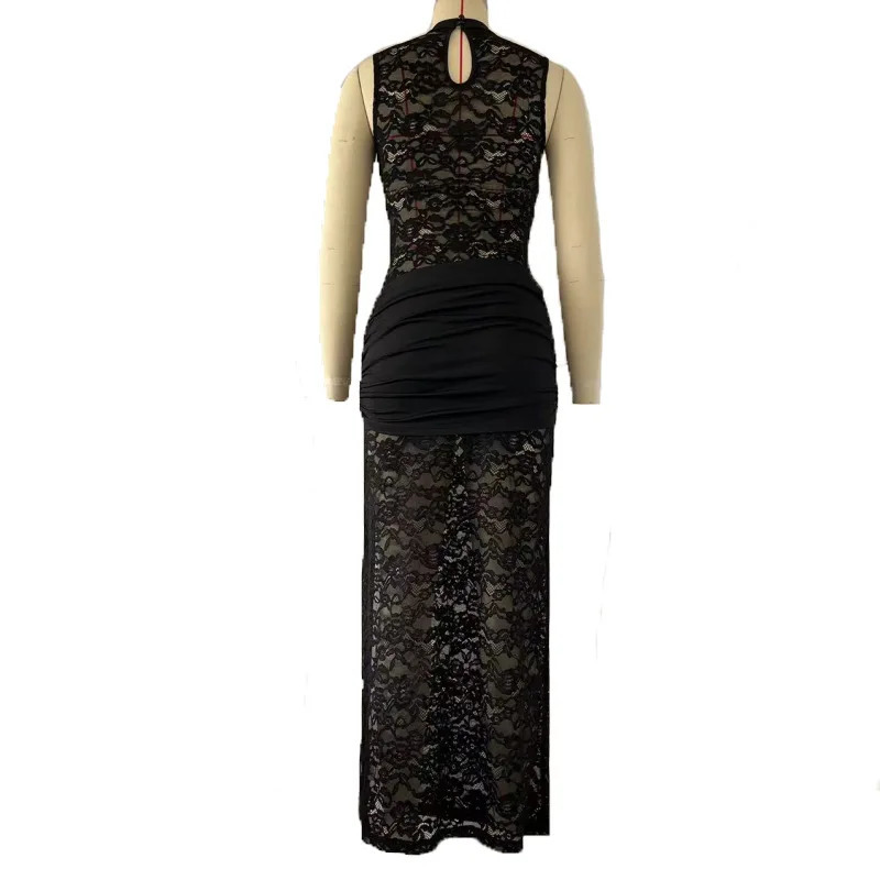 Women Sexy Lace Long Dress Hollow Out Sleeveless High Slit Evening Party Club Dress Vintage Casual Bodycon See Through Vestidos 250320