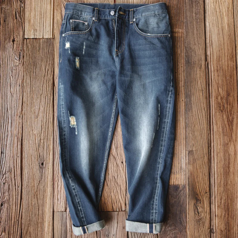 Madden mens casual ripped jeans brushed denim cropped pants Amekaji retro straight Trouser loose 250320