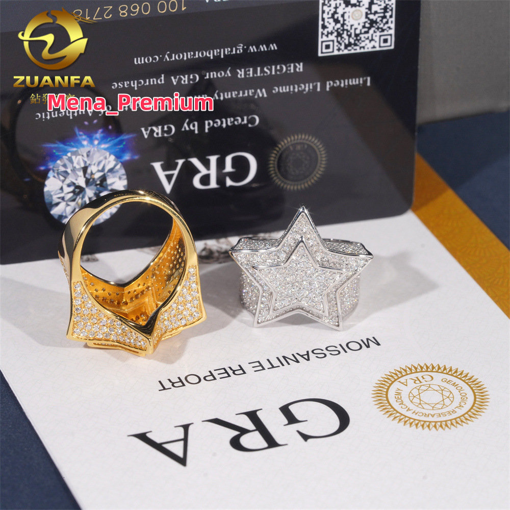 Hip hop S925 silver set D-color VVS Mozambique pentagram ring for men and women in Ins fashion trend full diamond