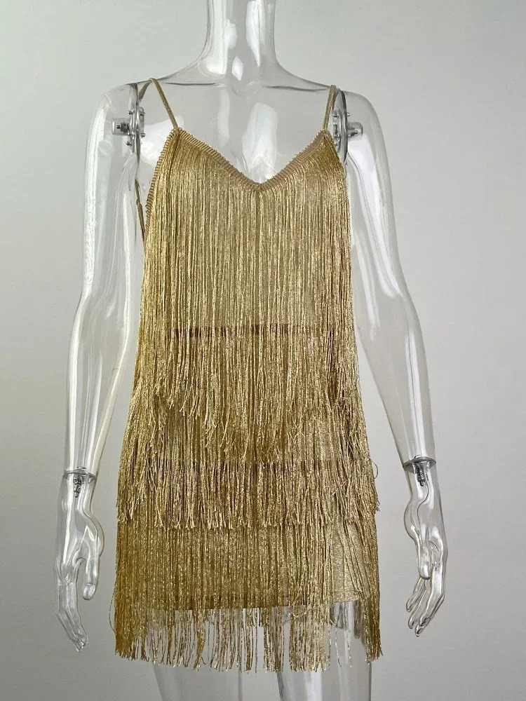Leosoxs Women Sexy Deep V-Neck Spaghetti Straps Fringe Bodycon Mini Dress Tassels Backless Gatsby Cocktail Club Party Dresses 250320