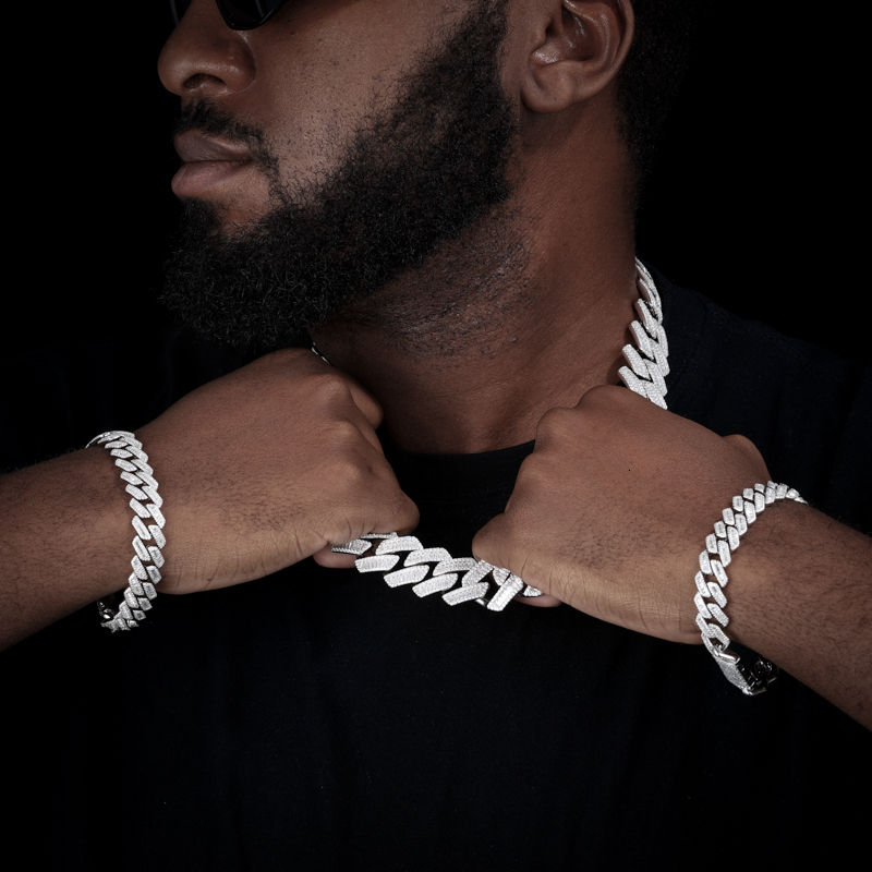 TUHE High Quality Unisex Geometry Iced Out Baguette VVS1 Moissanite Cuban Chain Necklace 925 Silver For Men Hip Hop Jewelry