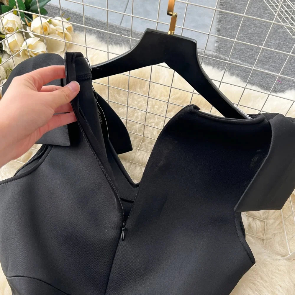 Womens fashionable and elegant bow Vneck patchwork mesh sleeveless body pencil dress sexy evening gown ultrathin hip packaging clothing w250320