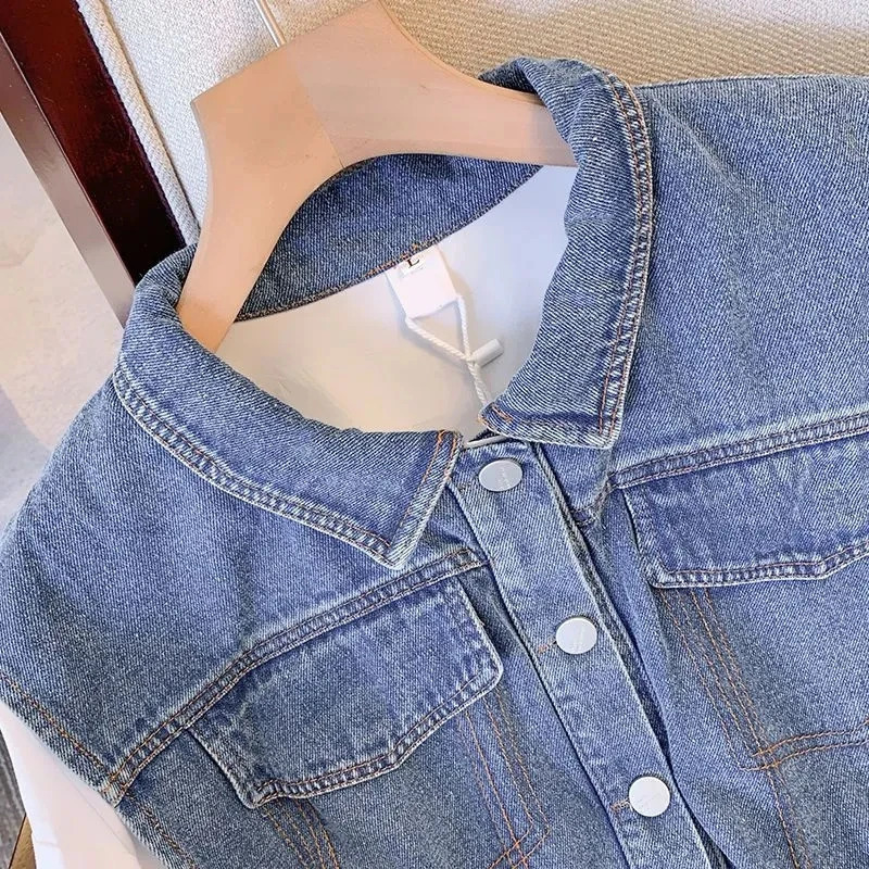 Womens denim shirt spring/summer long sleeved warm patchwork womens top two-piece loose womens shirt 250317