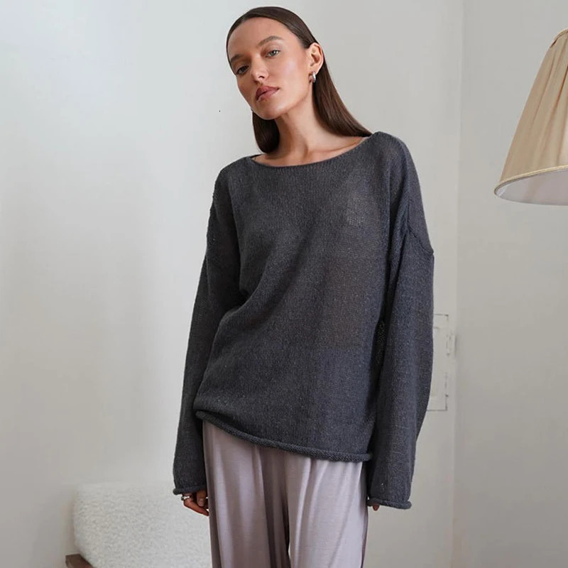 MSCSZ Red Long Sleeve Oversized Sweater Women Transparent Knitted Sweater 2025 Spring Autumn Cozy Sweaters Pullover Tops 250319