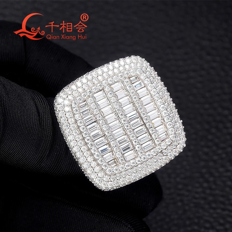 30mm emerald round melee stone square ring Sterling 925 Silver Moissanite Ring Men women Diamonds Male fine Jewelry gitf wedding