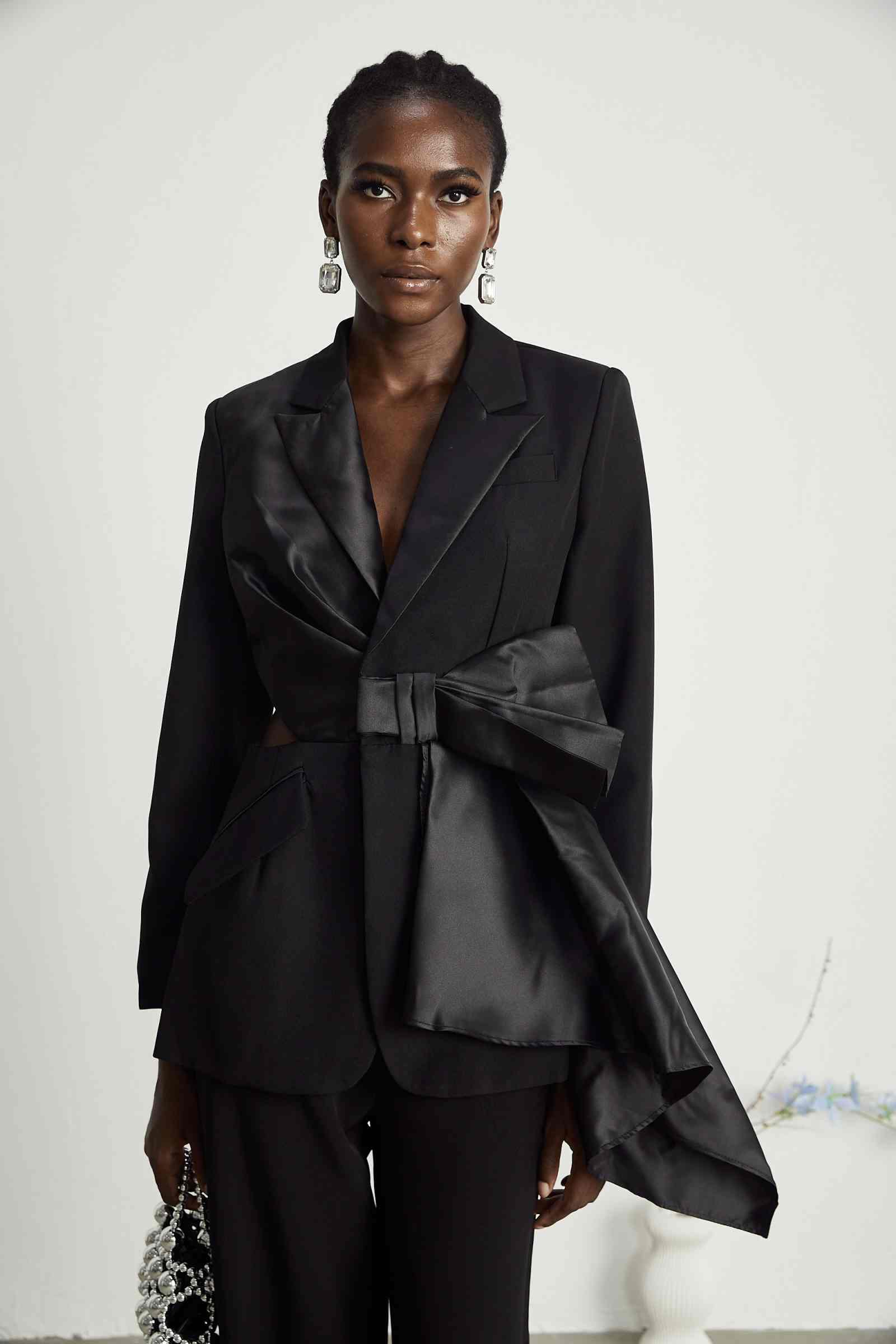 Customized Black Women Pants Suits With Big Bow Ladies Prom Birthday Party Formal Wear Outfit Flared Trousers 2 Pieces