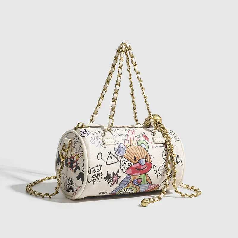 Cross border womens bag cylindrical bag womens handbag new bear graffiti chain bag shoulder messenger bag womens handbag Y250319
