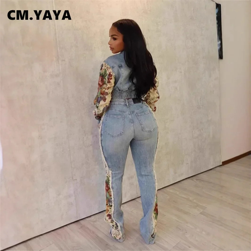 CM.YAYA Denim Womens Set Floral Patchwork Full Sleeve Button Fly Jacket and Ripped Jeans Pants Suit Two 2 Piece Set Outfit 250320