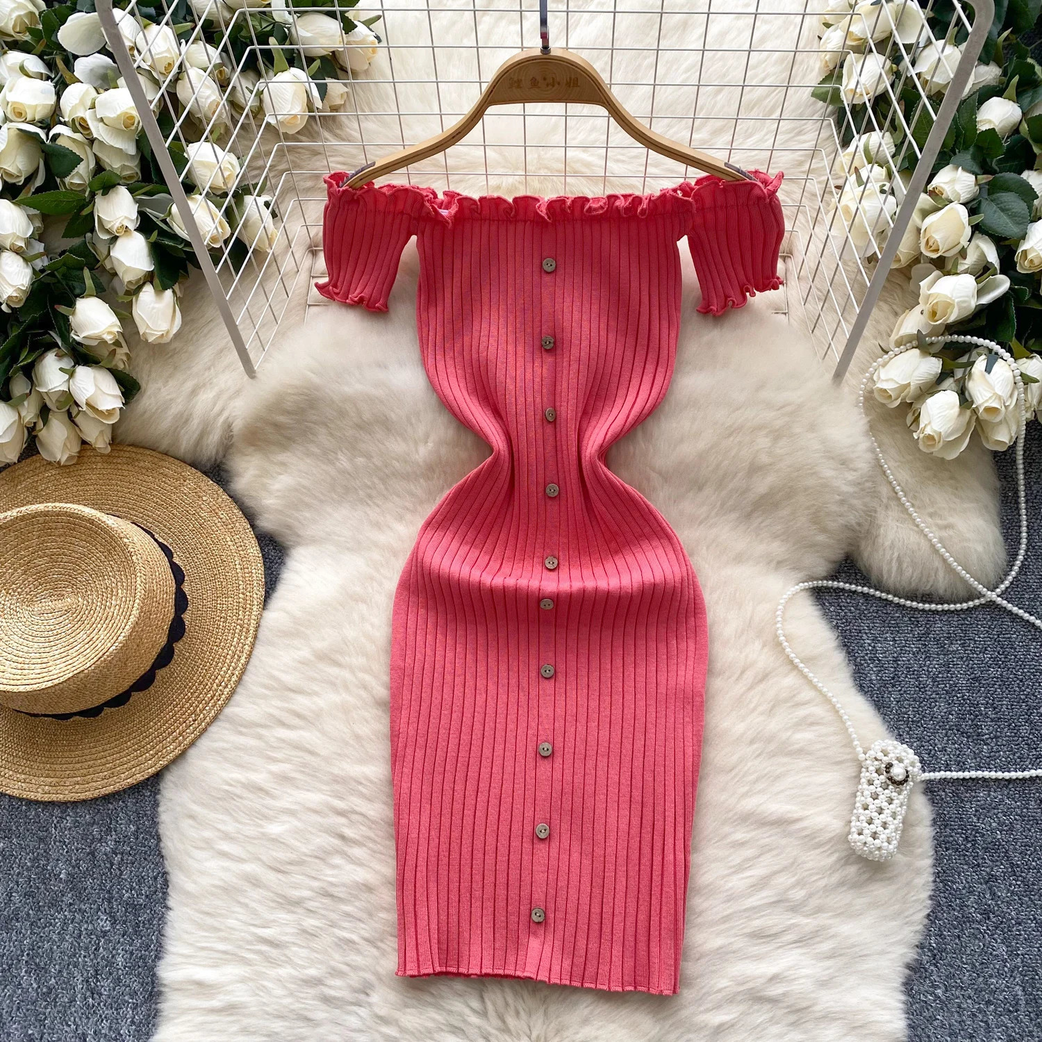Pink Solid Button Front spaghetti Dress Sexy Knitted Slant Neck Mini Body Womens Clothing Ruffles 250320