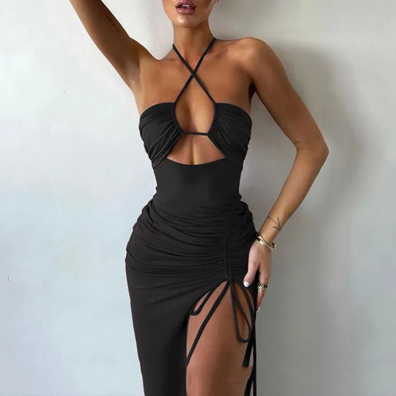 Fashionable and sexy split dress womens summer black sleeveless backless hollow party lace camisole ultrathin elegant 250320
