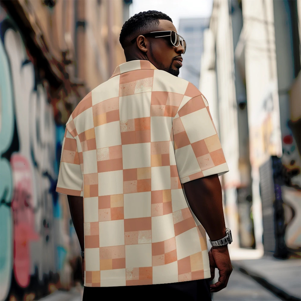 Large mens summer short sleeved lapel Orangebrown plaid printed sleeveDaily casual button polo shirt 250320