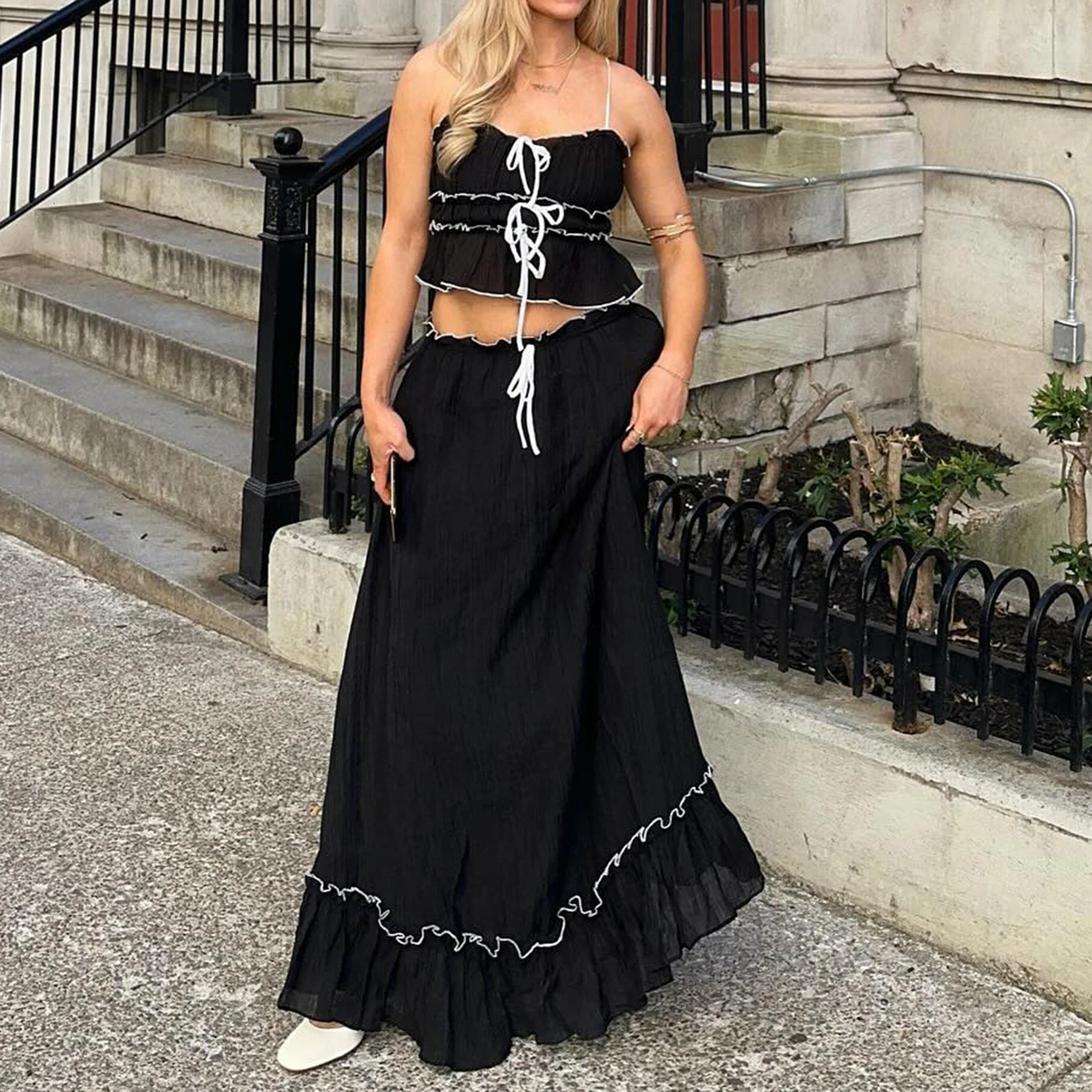 Womens Y2K Aesthetic 2 Piece Skirt Outfits Sleeveless Ruffle Trim Camisole Long Tie Up Skirt Set 250320
