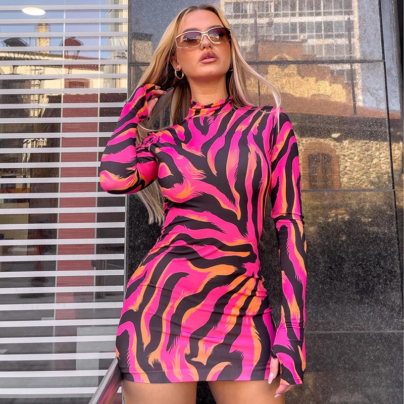 CUTENOVA Zebra print slim fit long sleeved mini dress with finger gloss half neck floral packaging tight fitting womens clothing 250320