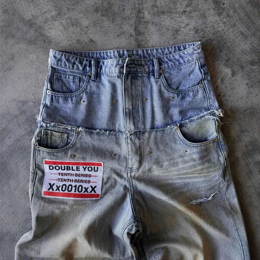 Street Hip Hop Edging Splicing Double Waist Piercing Rivet Loose Wide Leg Straight leg Jeans