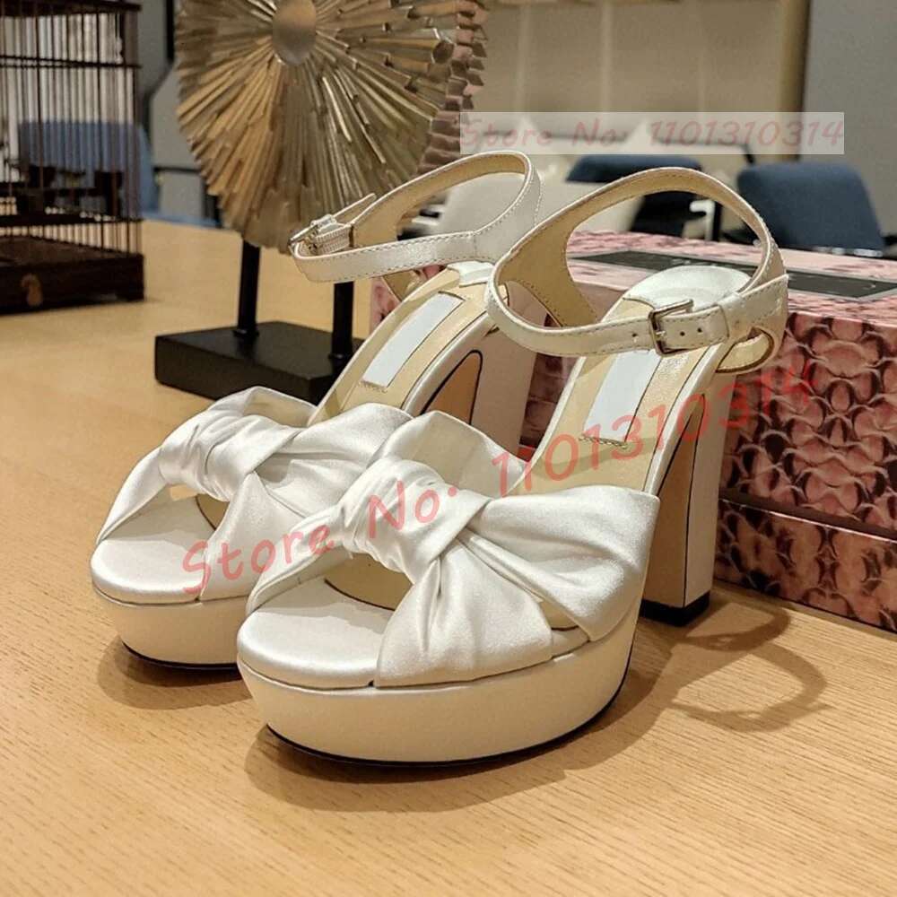 Wedge Heels Pink Bowknot Platform Women Lovely High Chunky Heels Open Toe Satin Shoes Ladies Summer Veet Sandals