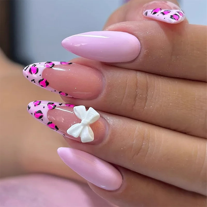 24Pcs Pink French Style Fake Nails 3D Bowknot s Short Square Press on Nails Sweet Korean Fashion False Nail for Women Girl 250319