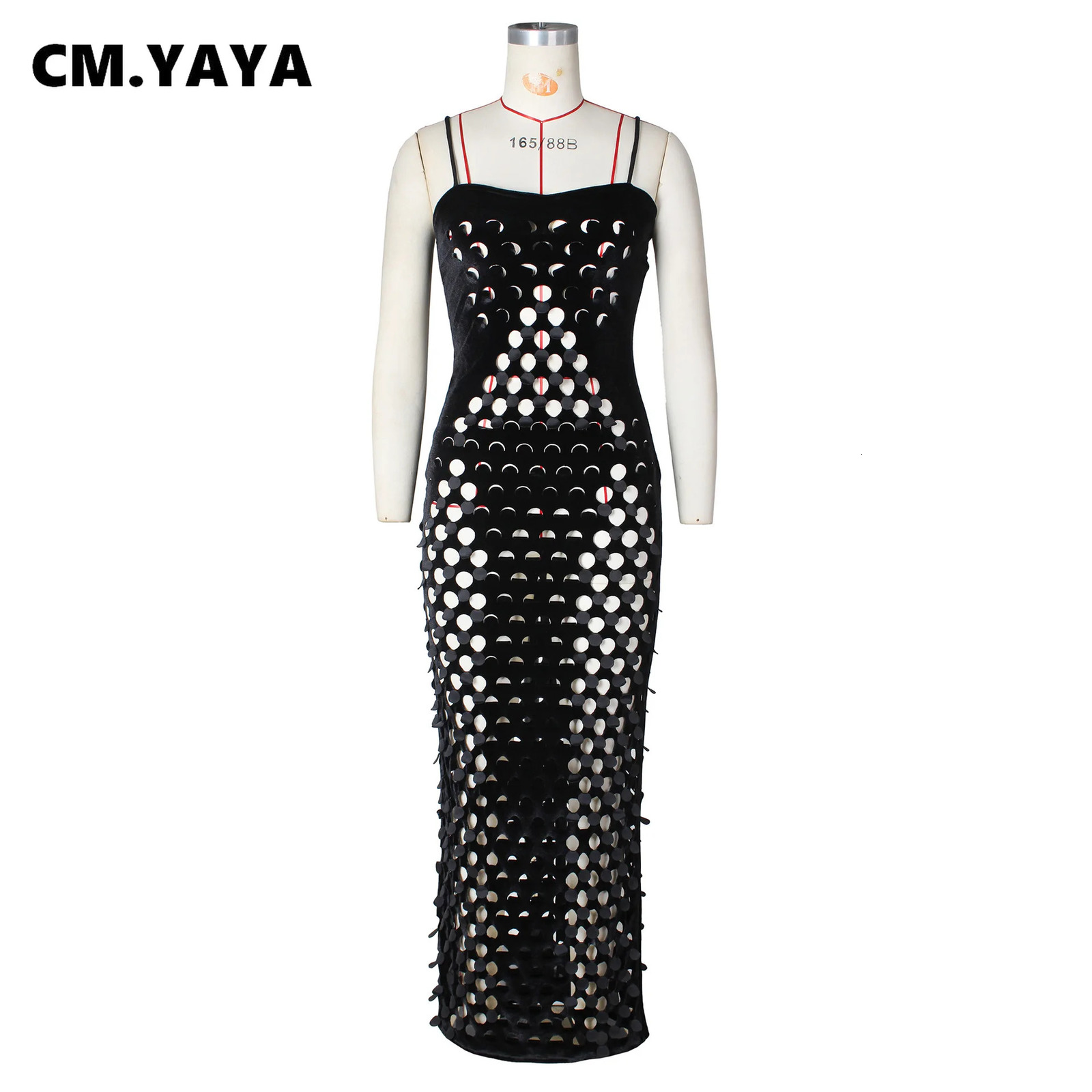 CMYAYA Women Sleeveless Strap Velvet hollow out Long Maxi Dress Summer Evening Sexy Night Club Birthday Party Dresses 250320