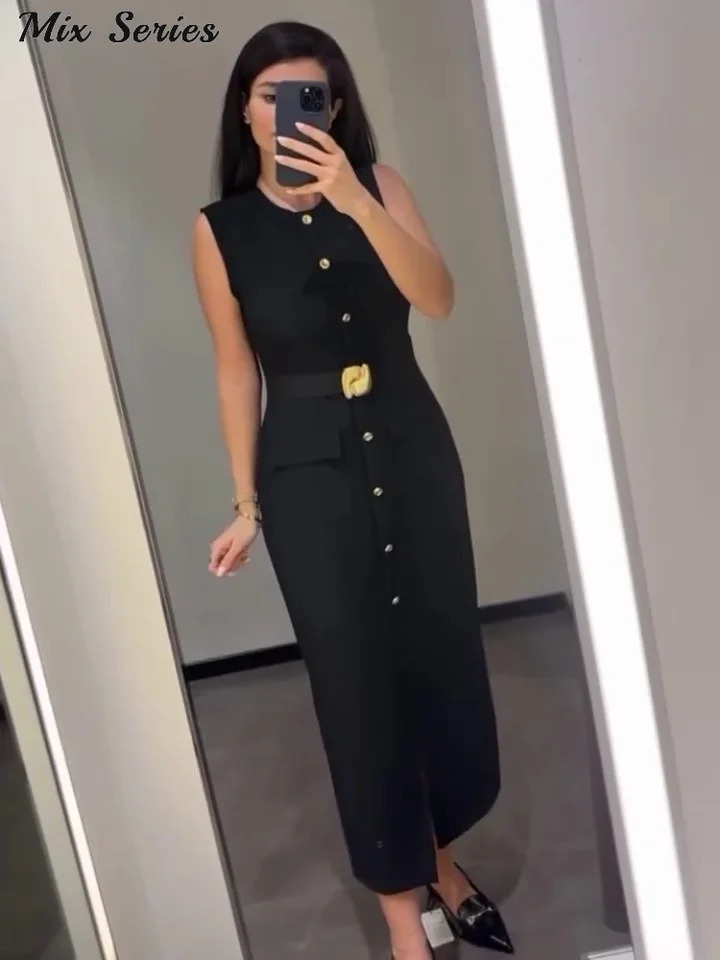 Elegant single chest split style dress for women ultrathin sleeveless Oneck belt Midi springsummer office womens long robe 250320