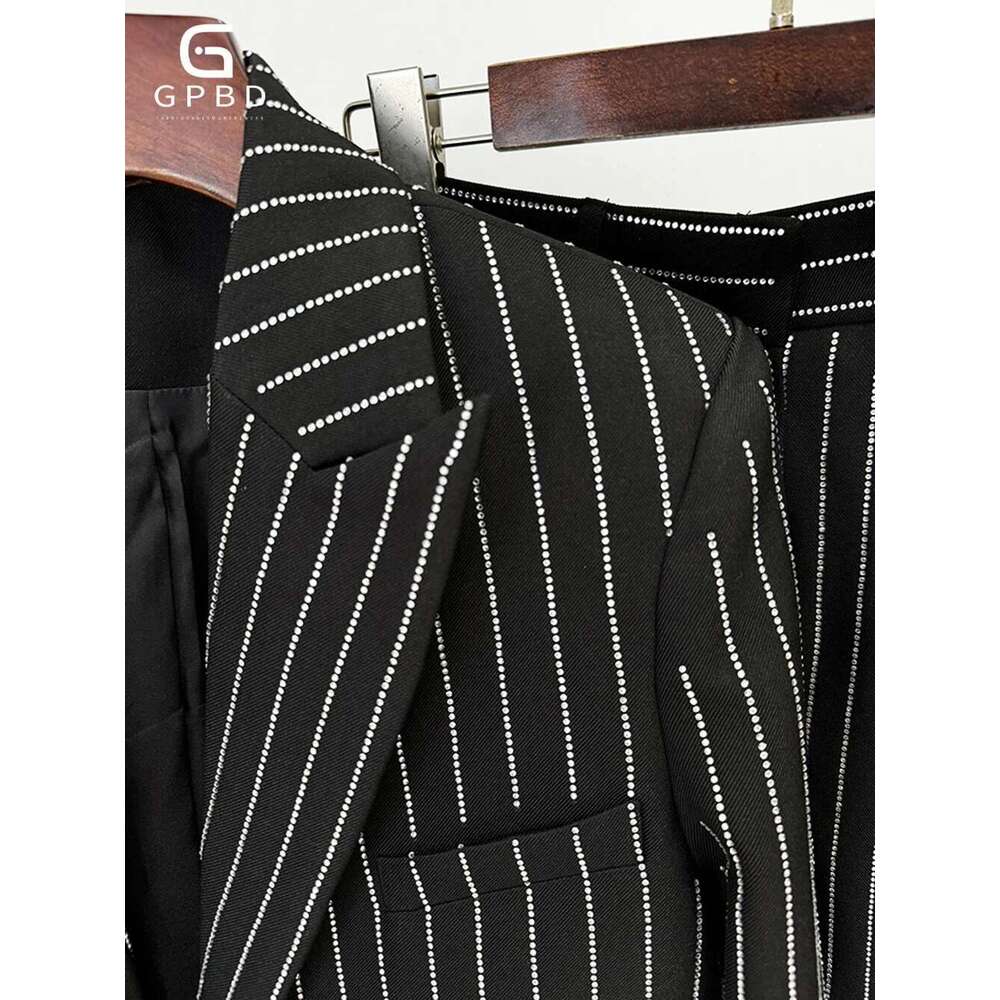 Fashion Autumn Pant Suit Women Hot Drill Striped Female Runway Work Wear Jacket Blazer And Trouser Formal 2 Piece Set
