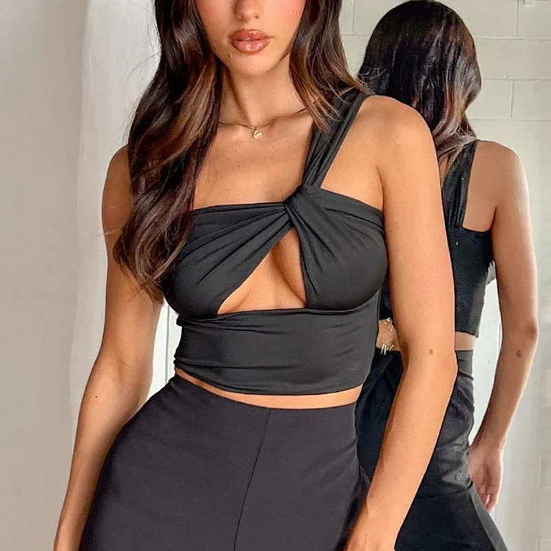 Summer Womens Girl Nightclub Top Sexy One Shoulder Tight Hollow Open Short Back Bar Camis 250320Z