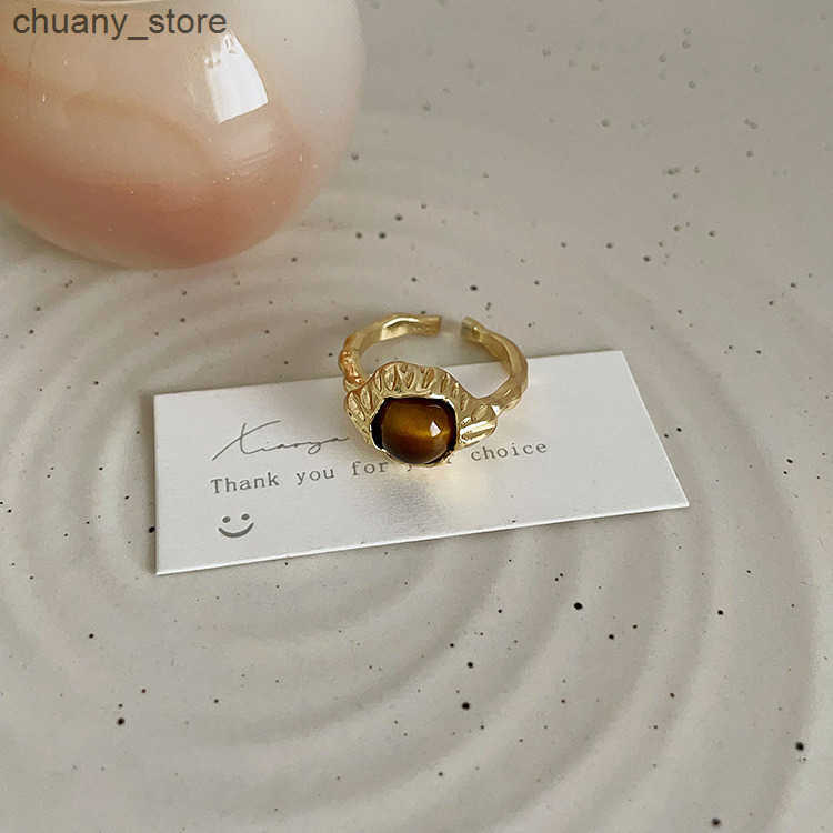 Solitaire Ring French irregular metal tiger eye stone open ring female niche design personalized temperament versatile ring z250321