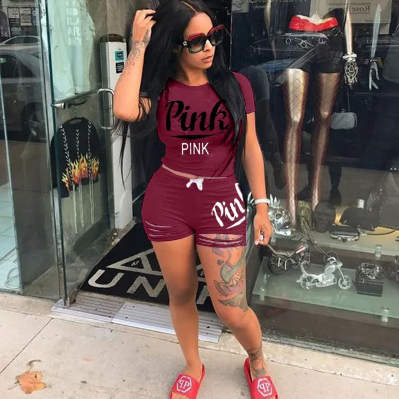 Selling European and American Womens Summer Pink SMS Printing Burning Flower Sports Two Piece Set 250318
