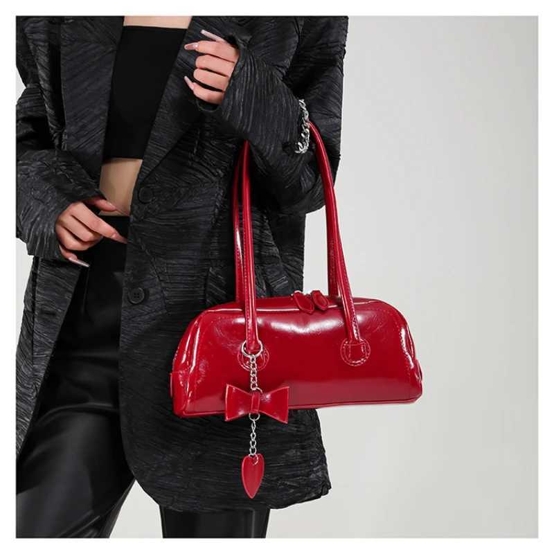 Womens Minimalist Solid Color Shoulder Bag Elegant Commute Burgundy Underarm Bag with Bow Pendant Vintage PU Leather Ladies Bag Y250319