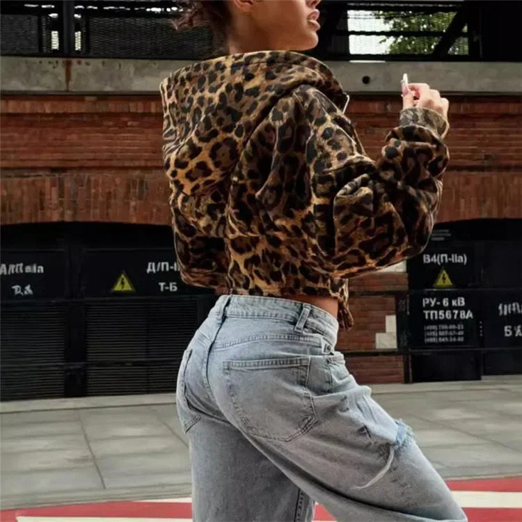Y2k Leopard Print Hoodies Women Vintage Streetwear Irregular Slim Sexy Cheetah Print Zipper Hooded Sweatshirt 250320