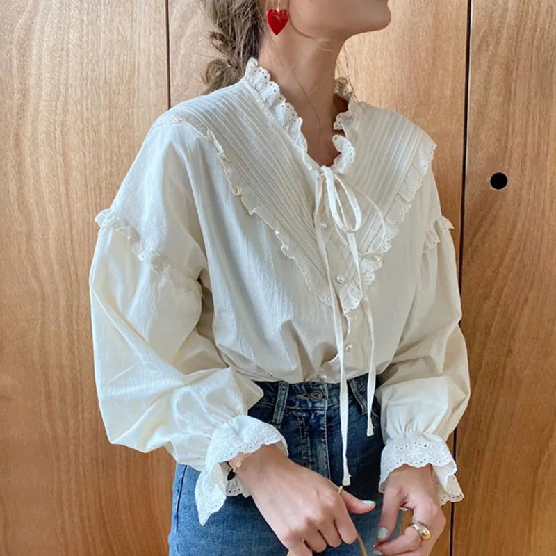 Spring Summer Vintage Fashion Long Sleeve Women Lace Blouse Elegant Hollow Out Solid Lace Up Bow Loose Blouses 9580 250320