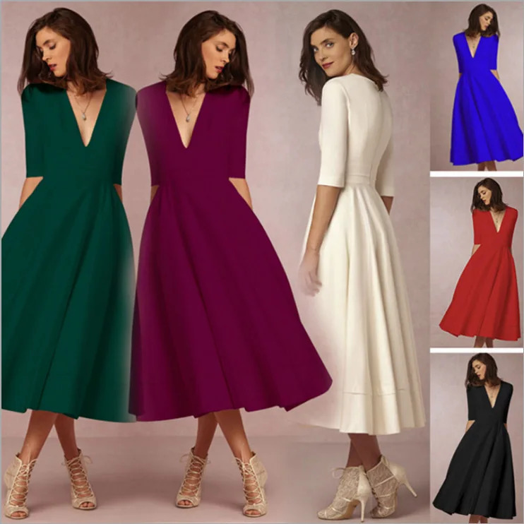 Womens Autumn Elegant Solid Midi Dress Deep V Nedk Half Sleeve Aline Khaki Blue Party Evening Abito Donna 250320
