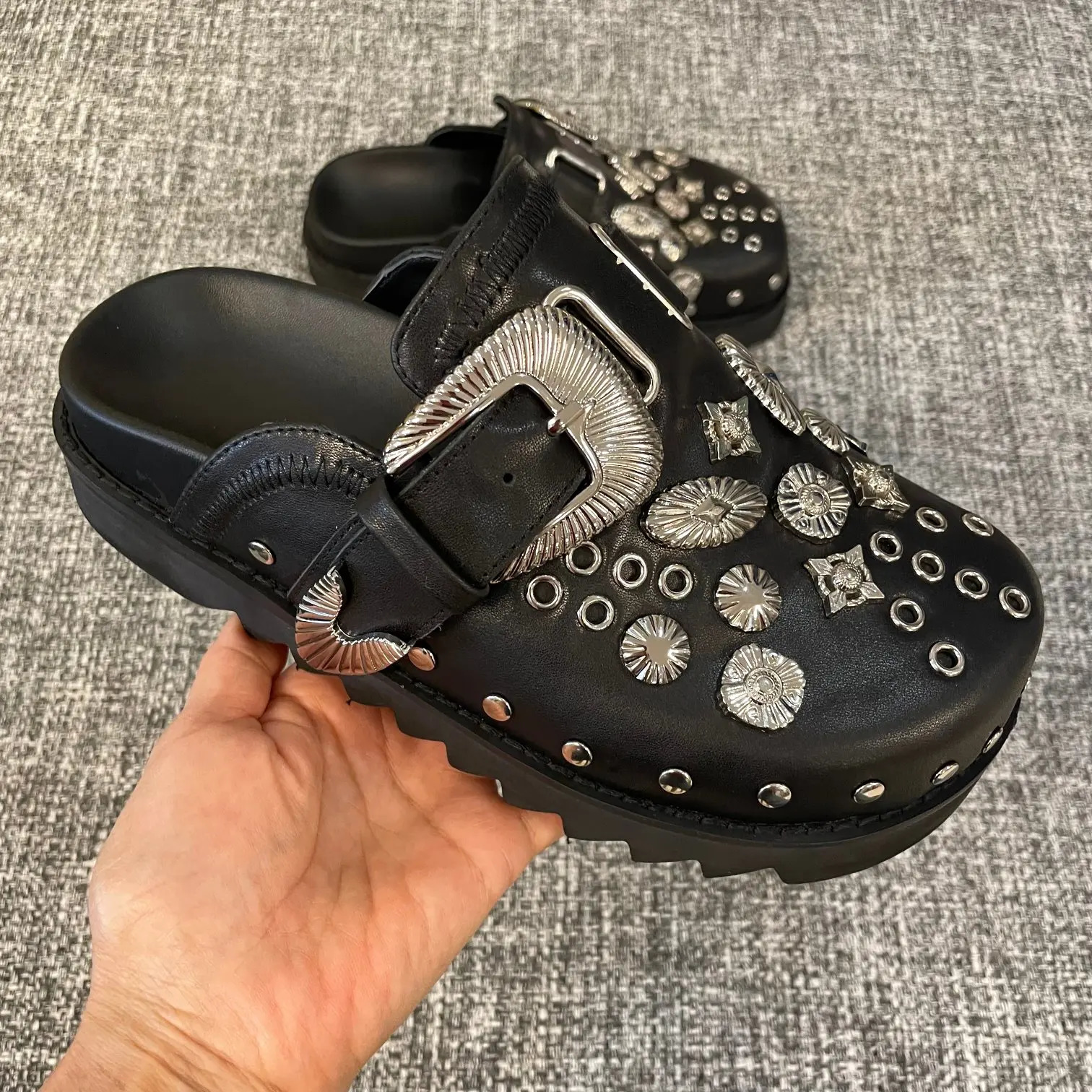 Black personality unique retro summer womens shoes cowhide platform sandals all leather 250321BJ - view 4