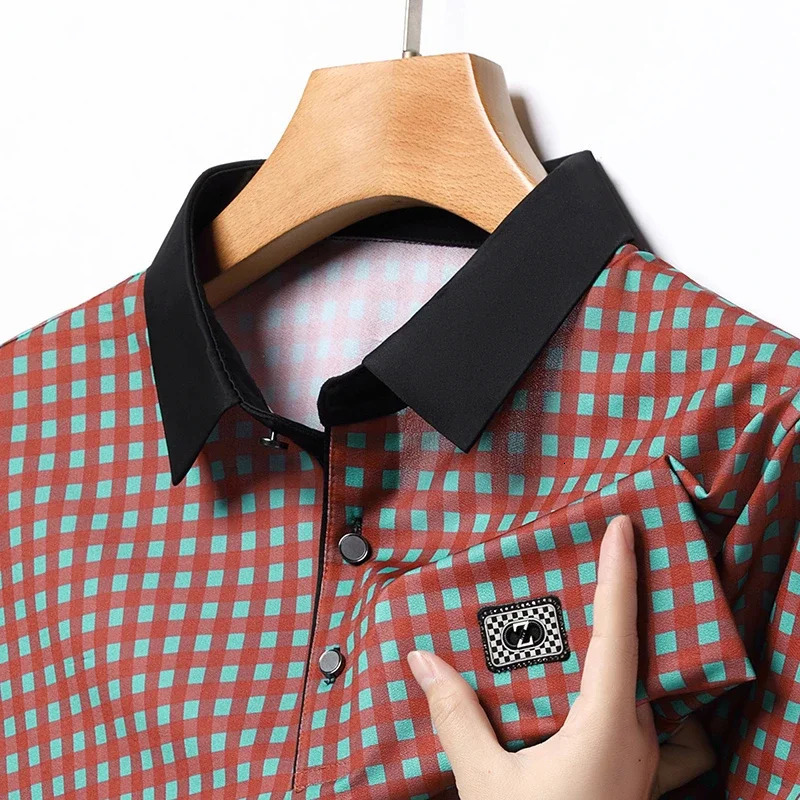 Mens Plaid Badge Short Sleeved POLO Shirt Summer Casual Top 250320