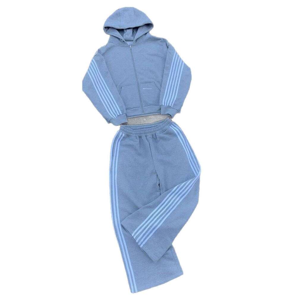 Hip hop brand HCW striped embroidered zipper hooded sweatshirt sports pants two-piece casual set