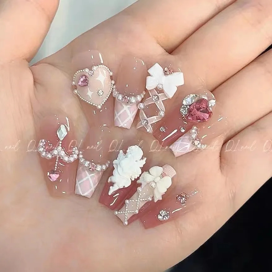 Cute Pink Sweet Princess Removable Handmade Wear Nail Art Y2K Vitality Girl Short Fake Nails Blush Bow Nail Patch 250319
