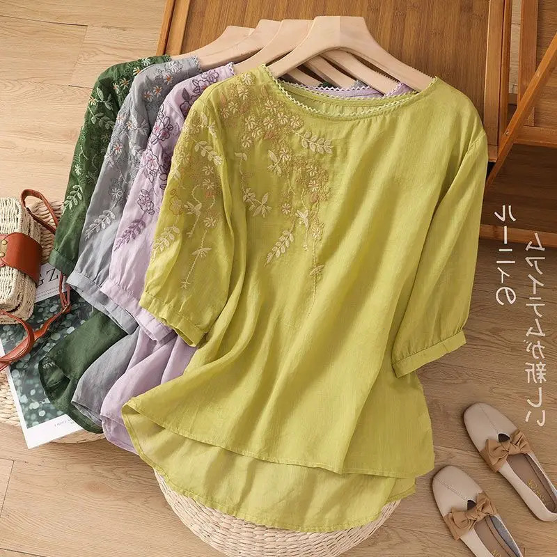 Fashion thin cotton linen Y2k top Tshirt womens summer loose embroidered Blusa casual 250312