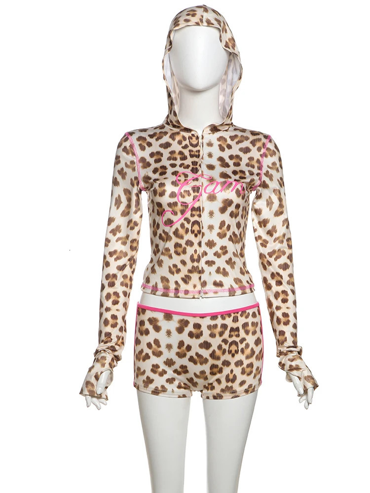 Weird Puss Leopard Print Women Tracksuit 2piece Set Sporty Hooded JacketDigit Biker Shorts Stretch Matching Street Casual Suits 250320
