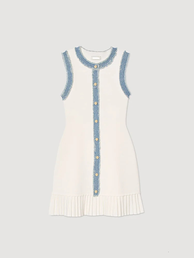 Cowboy patchwork knitted dress for women Oneck single chest pleated short skirt womens casual version summer mini 250320