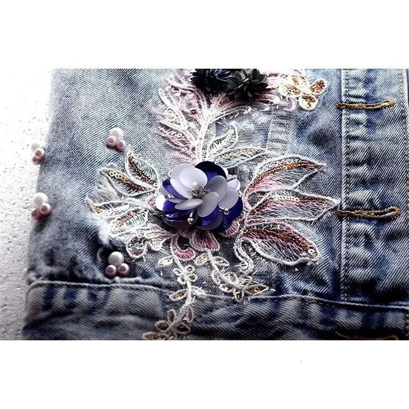 Student Vest Slim Short Jacket Embroidery Flowers Sleeveless Denim Vest Womens Beaded Waistcoat Hole Jeans Vest Coat Girl 250320