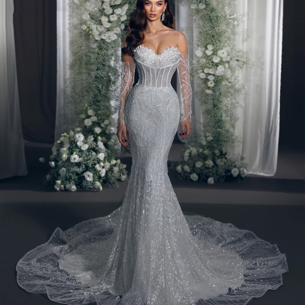 Designer Mermaid Wedding Dress Strapless Removable Sleeves Bridal Gowns Sequins Appliques Sweep Train Dresses Custom Made vestidos de novia
