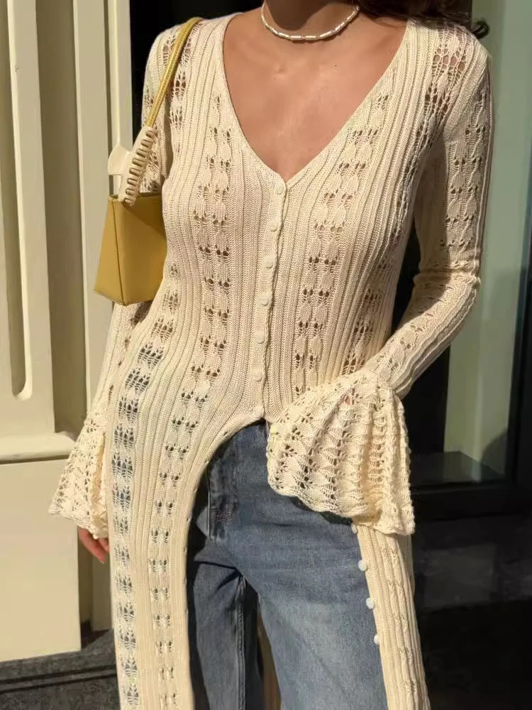 Trendix deep V-neck long sleeved dress for women sexy hollow elegant long open front dress autumn and winter street casual knitted dress 250320