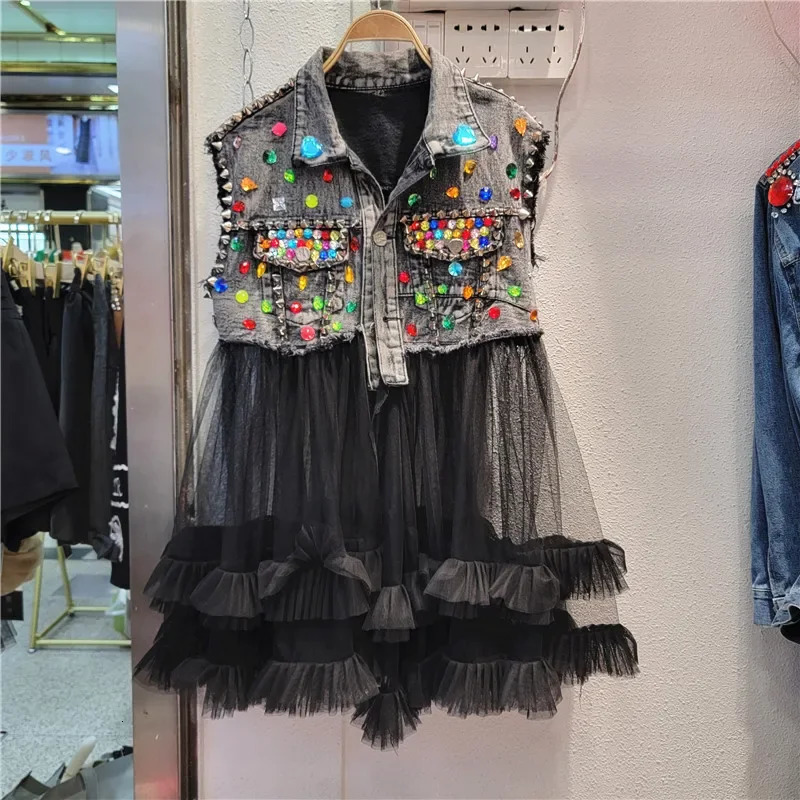 Women Rainbow Color Diamonds Beaded Mesh Ruffles Splice Jeans Jacket Multi-layers Mesh Rhinestone Denim Vests Cardigan Tank Tops 250320