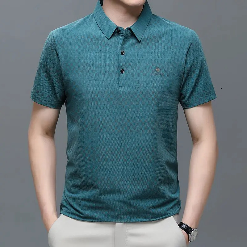 Genuine Ice Silk Mens Polo Shirt High-end Casual Anti--free Short-sleeved Business Half-sleeved Lapel T-shirt 250320
