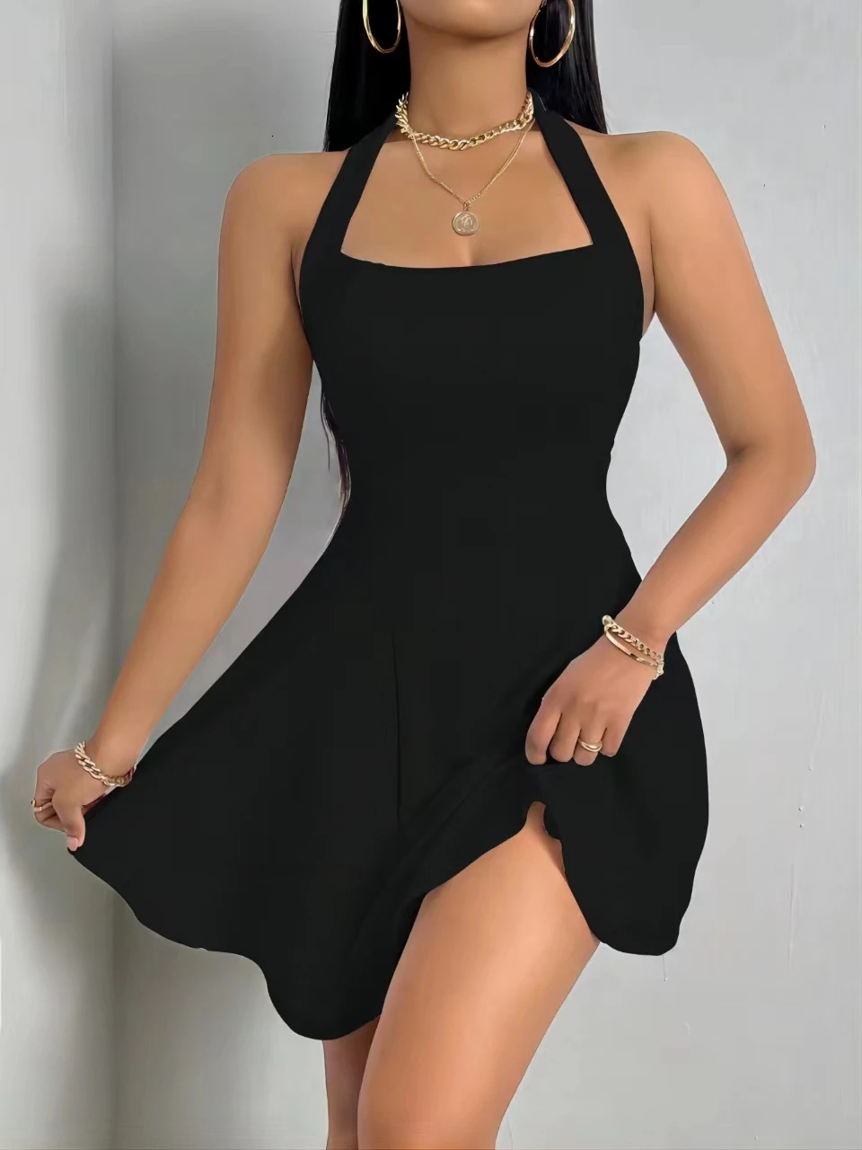 1pc pure color backless halter elegant sexy dress 250320