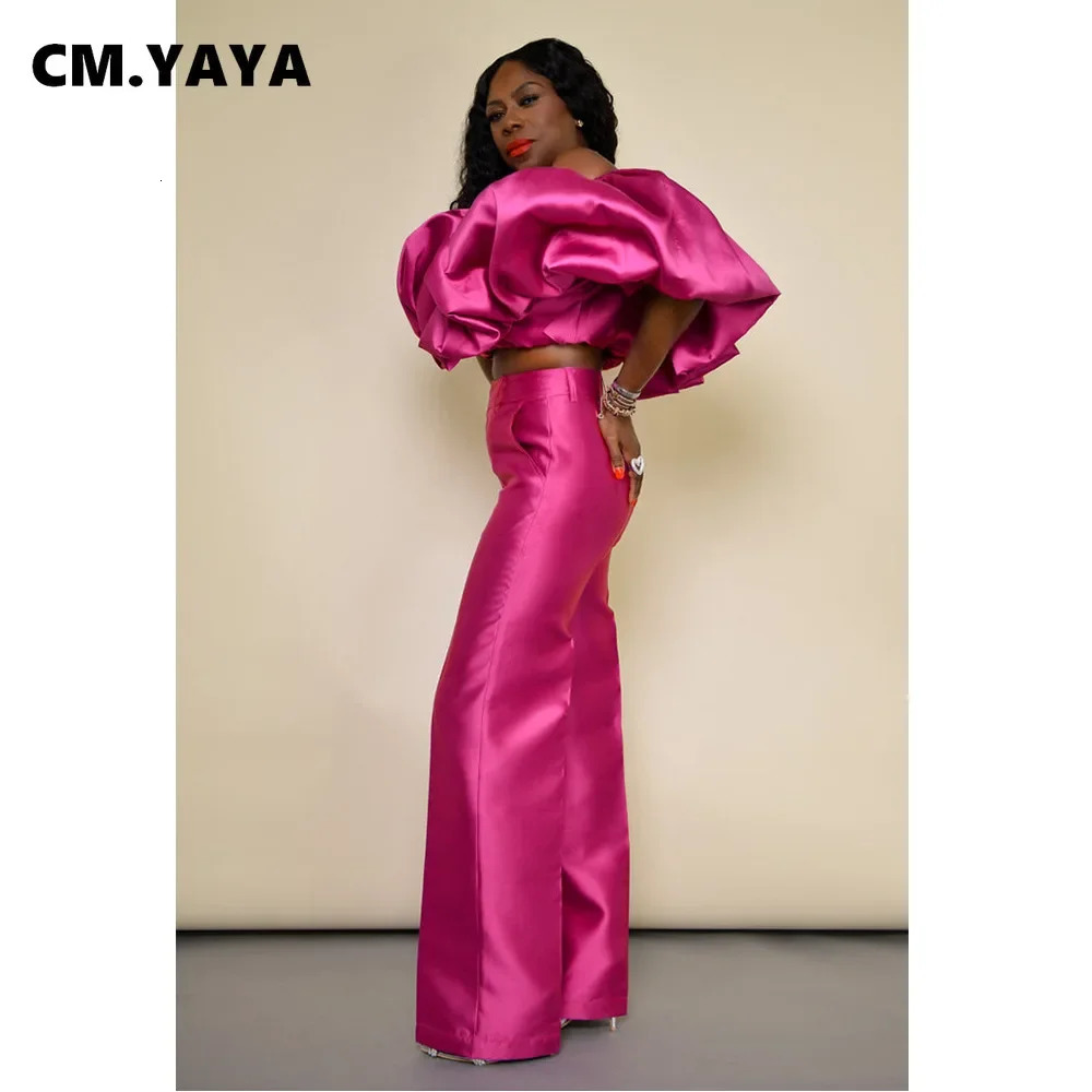 CM.YAYA Fashion Satin Womens Set Butterfly Sleeve Crop Top and Wide Leg Pants Suit Party Club Even Two 2 Piece Sets Outfit 250320