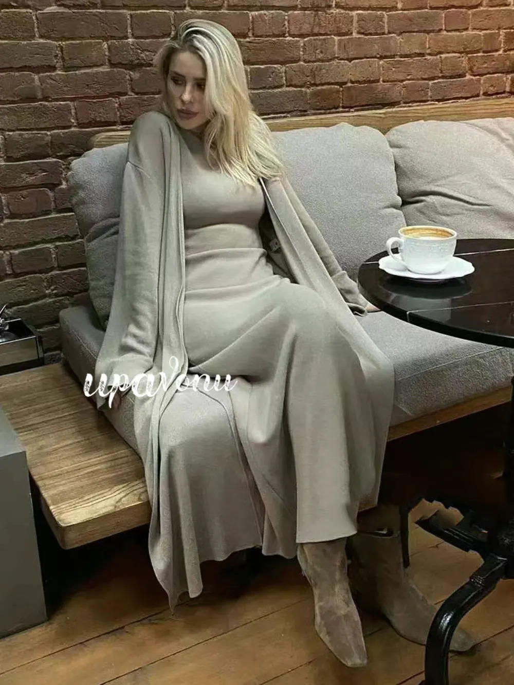 Womens Knitted Long Dress Sets with Polo Collar Long Sleeves Waistband Tie up Cardigan Long CoatSleeveless Dress Two Piece Set 250318