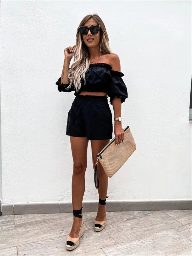 Women Casual Short Sleeve Outfit Summer Fashion One-Word Collar Lantern Sleeve Pocket Suit Female Top Shorts Two Pieces Set 250318