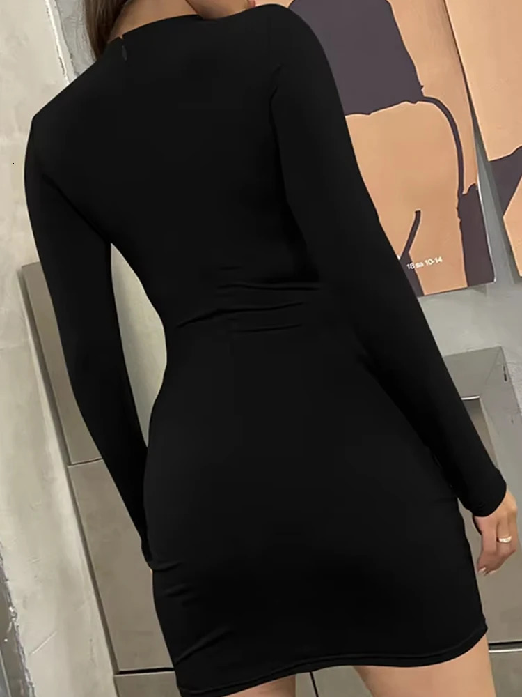 autumn sexy pleated irregular long sleeved dress for women turtle neck high waist slim fit 250320