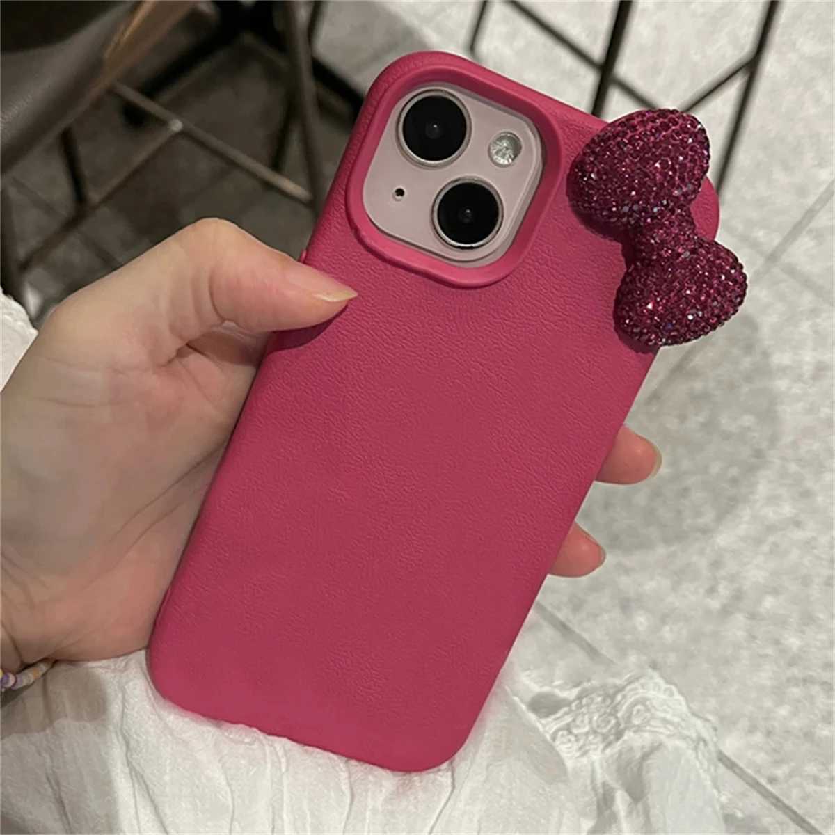 Luxury rhinestone bow Litchi pattern leather phone case suitable for 16 15 14 13 11 Pro Max cute bow shock resistant soft phone caseXJ250321
