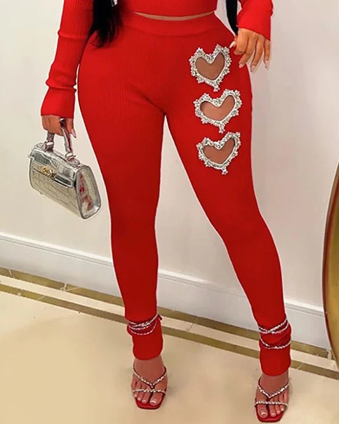 Two piece womens spring fashion hollow heart-shaped Rhinestone plain collar long sleeved top and casual high waisted leggings set 250320